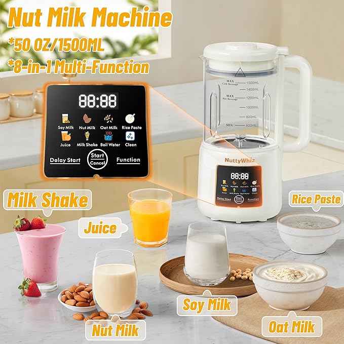 8-in-1 Nut Milk Maker, 12 Stainless Steel Blades 50oz - No Soak, Self-Clean, Delay Start & Keep Warm, for Almond/Soy/Oat Milk, Smoothies, Shakes - Plant-Based Dairy Free for Family & Party