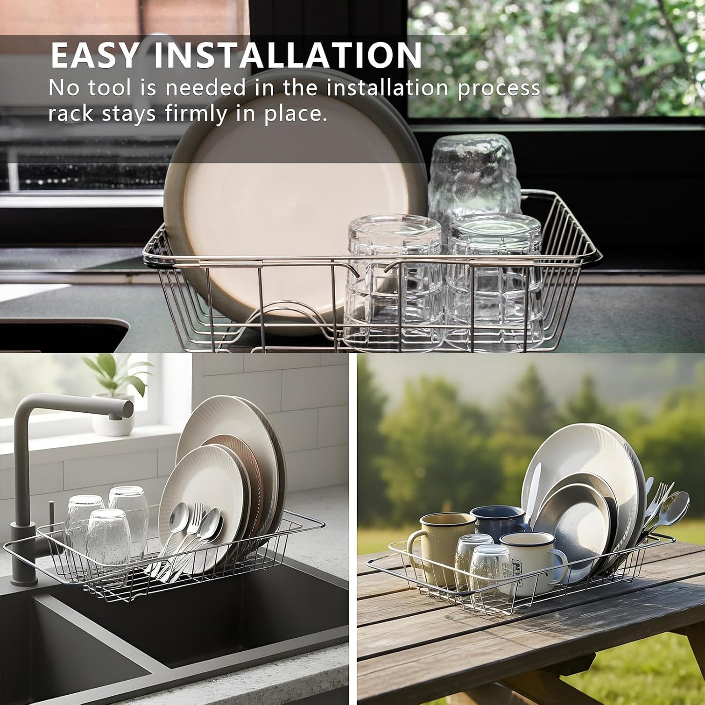 Over The Sink Dish Drainer Drying Rack - Expandable Stainless Steel in Sink Dish Drying Rack, High-Capacity, Rustproof, Easy Install, with Utensil Holder - Dish Racks for Kitchen Counter