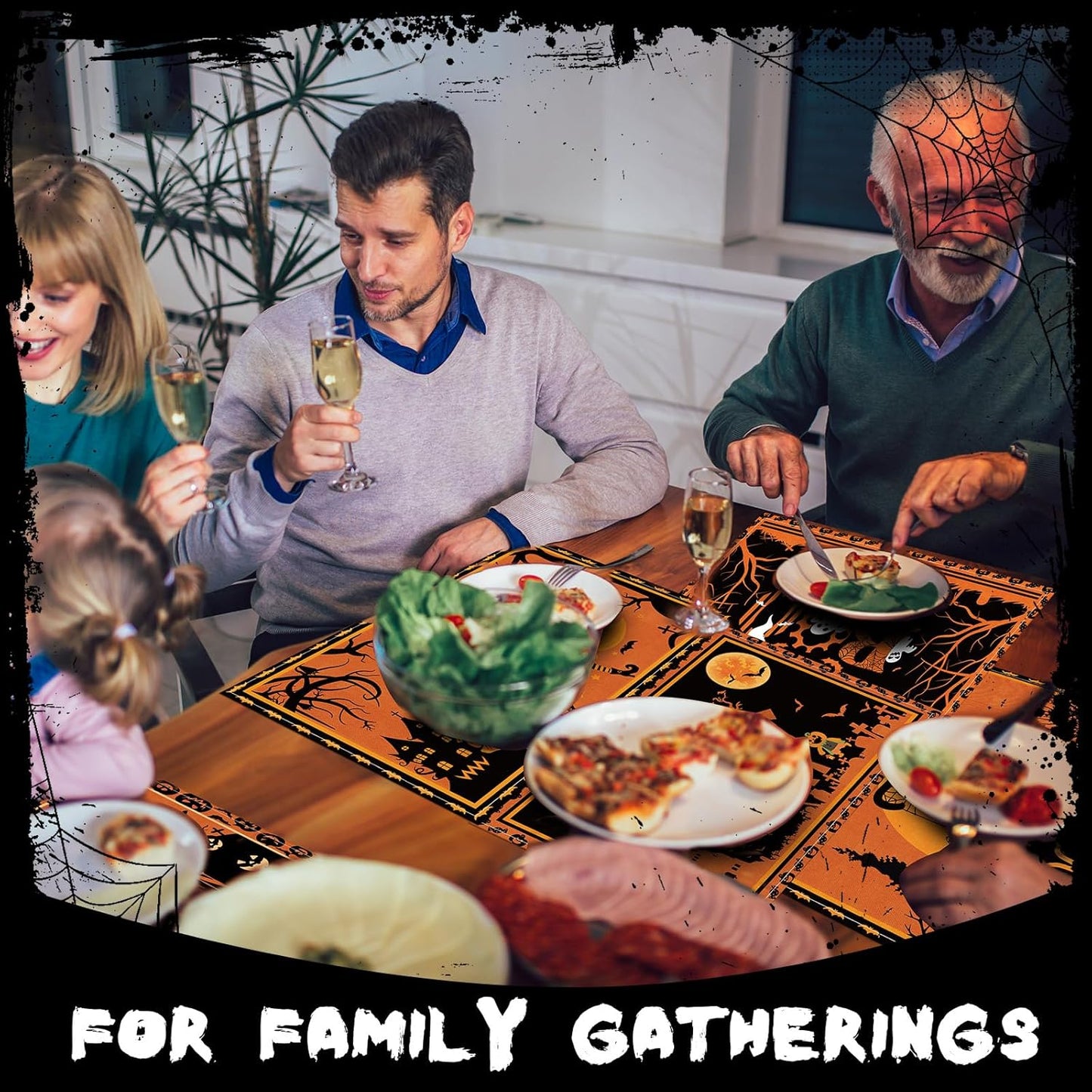 Umigy 6 Pcs Halloween Placemats 12"x18" Gothic Bat Placemats Kitchen Decoration Washable Witch Place Mats Rectangle Skull Table Mats for Halloween Dining Table Accessories(Black Orange Style)