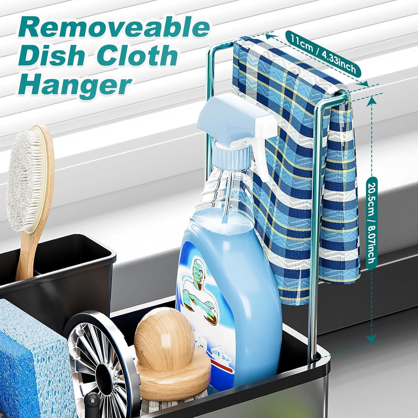 Ewaiira Stainless Steel Sink Caddy, Sponge Holder for Kitchen Sink with Brush Holder and Towel Rack, Sink Organizer for Countertop, Soap Dispenser Kitchen Organizers Storage Essentials (A-Black)