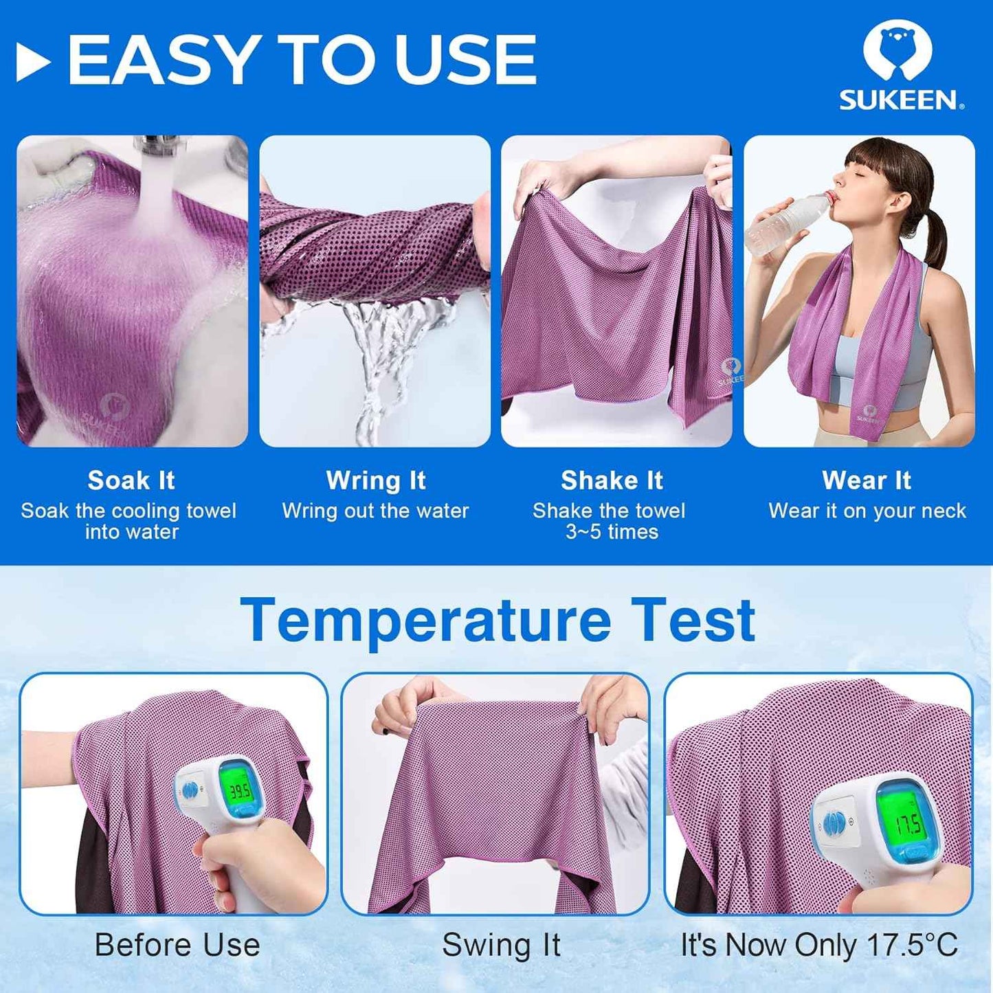 Sukeen 4 Pack Cooling Towels for Hot Weather 40"x12", Gym Towels for Men and Women, Soft Breathable Workout Towels for Yoga, Running, Sport, & More