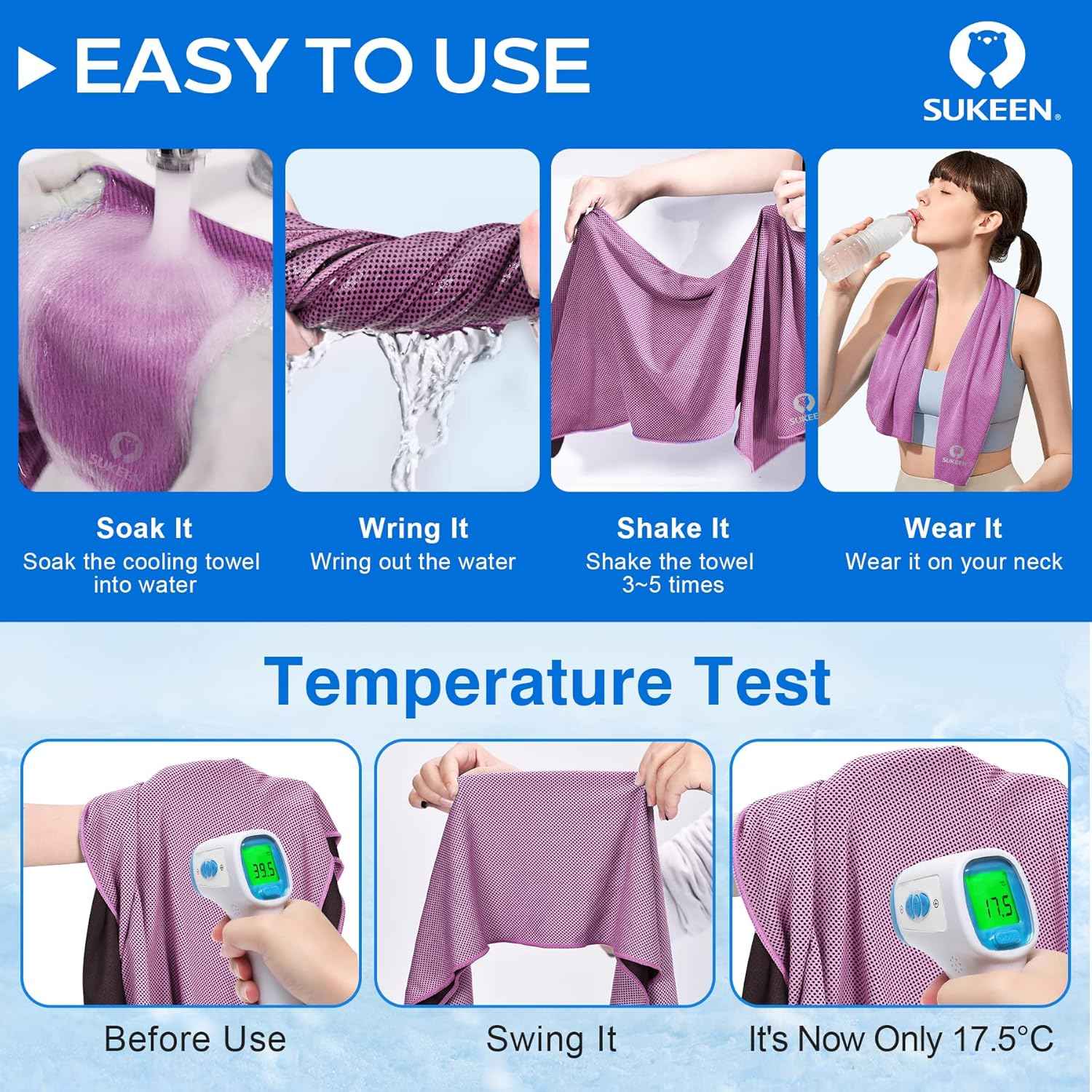 Sukeen 4 Pack Cooling Towels for Hot Weather 40"x12", Gym Towels for Men and Women, Soft Breathable Workout Towels for Yoga, Running, Sport, & More
