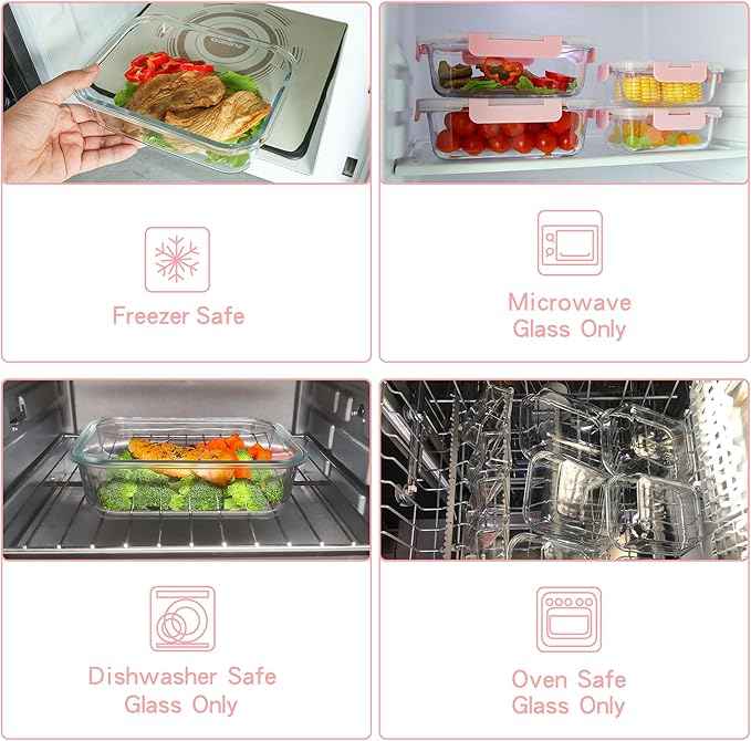 UMEIED 12 PACK Glass Food Storage Containers with Leak Proof Lids, Glass Airtight Meal Prep Containers Set for Lunch, On the Go, Leftover, Kitchen Pantry Organizers and Storage (Pink)