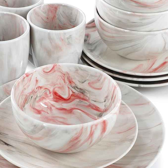 Elama Fine Marble 16 Piece Porcelain Dinnerware Set, Tableware Set, Everyday Dining, Service for 4 (Red/Gray)