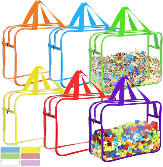 OPELETNNT 6 Color Large Toy Storage Bags with Labels, Reusable Clear PVC Board Game Storage, Travel Waterproof Organizer Bags with Zipper for Building Blocks, Puzzle, Kids Books
