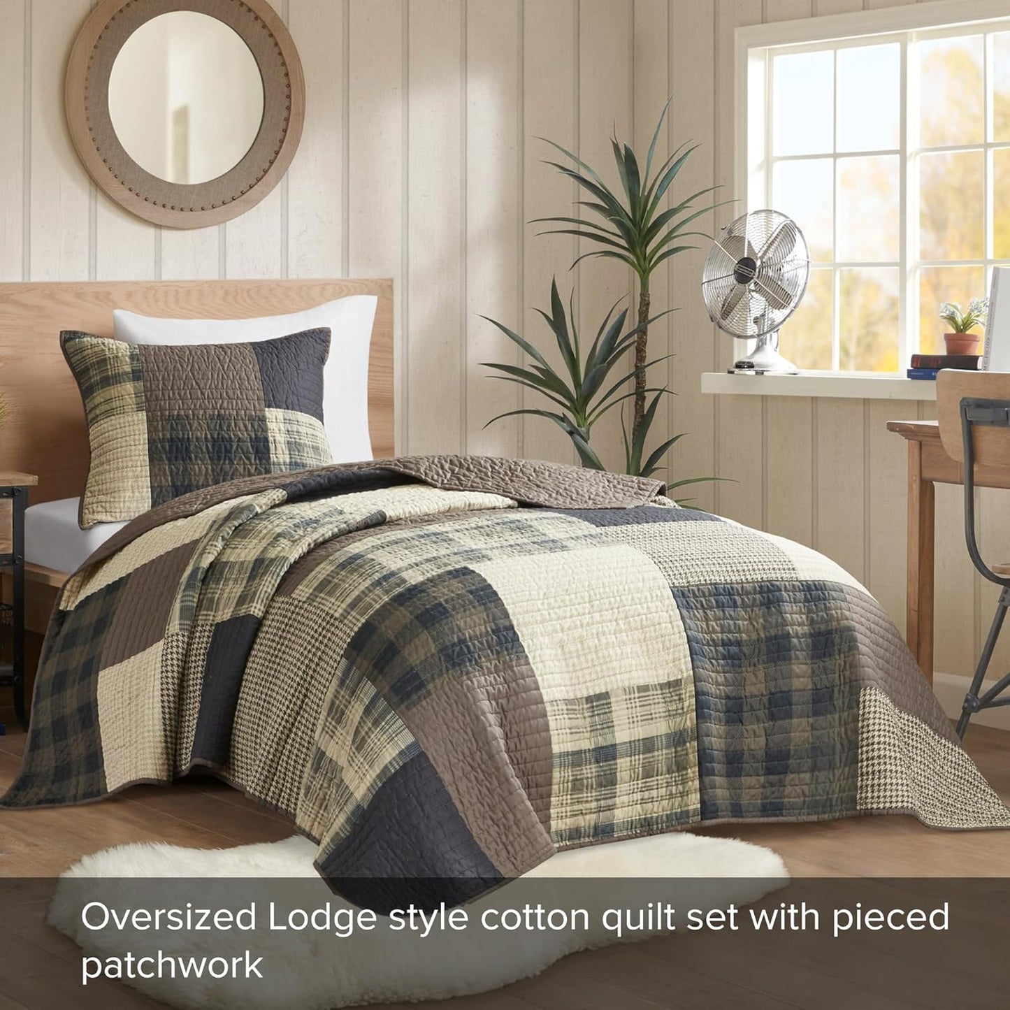 Woolrich Quilt Set Patchwork Channel Quilting, Cottege Coverlet for Twin Size Bed All Seasons, Lightweight Prewashed Cotton Coverlet Bedspread, Shams, Winter Hills, Oversized Twin/Twin XL Tan 2 Piece