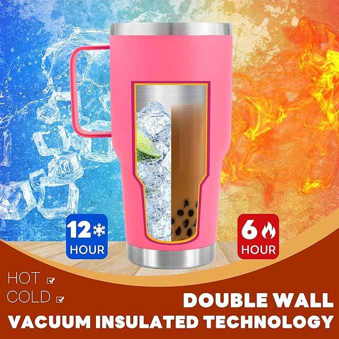 30 oz Tumbler With Handle, Double Wall Stainless Steel Vacuum Insulated Travel Mug with Splash-Proof Lid Metal Straw and Brush (Bright Pink)