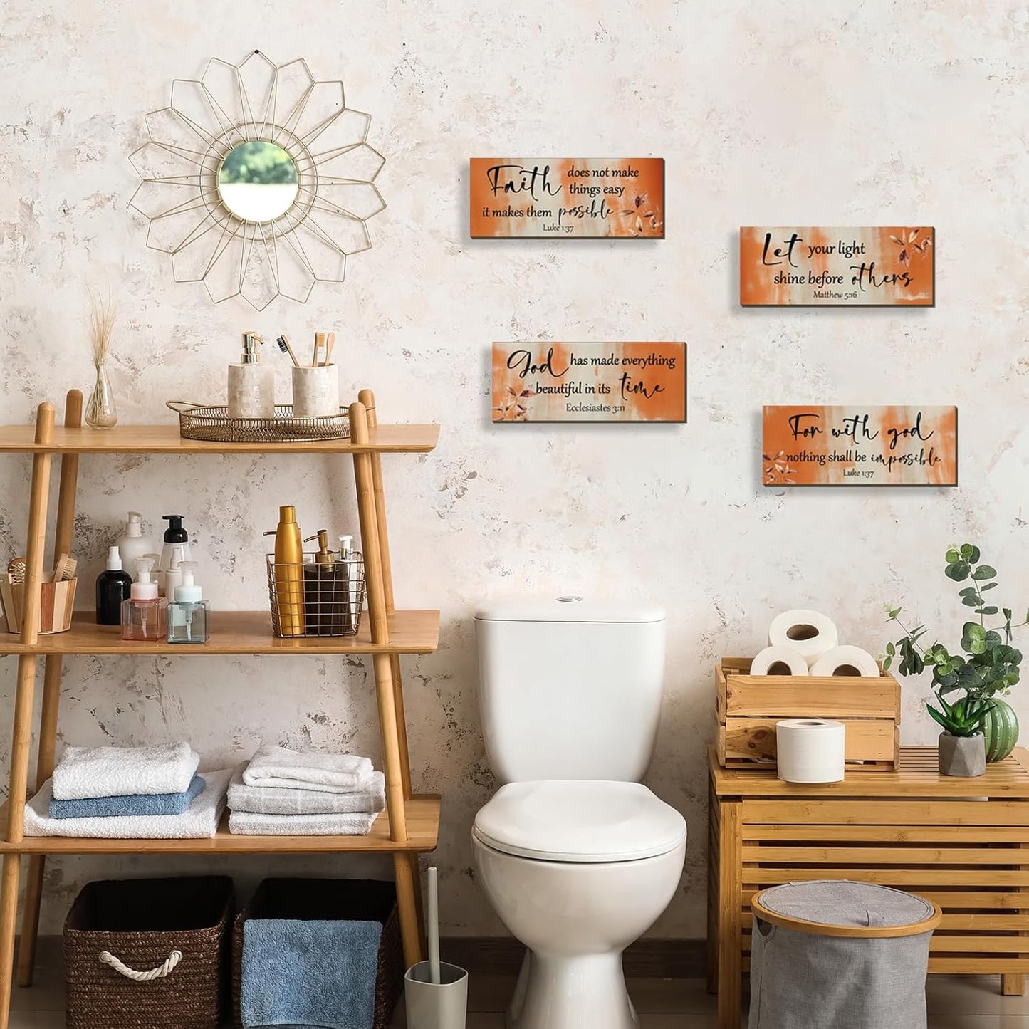 FENCORDAR 4 Pieces Orange Bathroom Decor Bible Verses Decor Wooden Orange Wall Decor Abstract Office Christian Wall Decor Religious Art for Women Office Home Bedroom Living Room Decor(10x4)