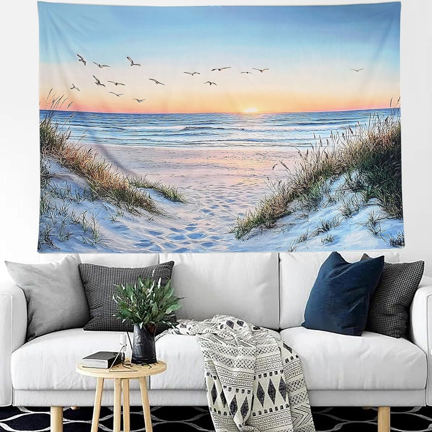 Algasan Ocean Beach Tapestry, Sea Sunset Seabird and Beach with Grass Tapestries Natural Landscape Tapestry Aesthetic for Bedroom Living Room Office Decor 60x40 Inches