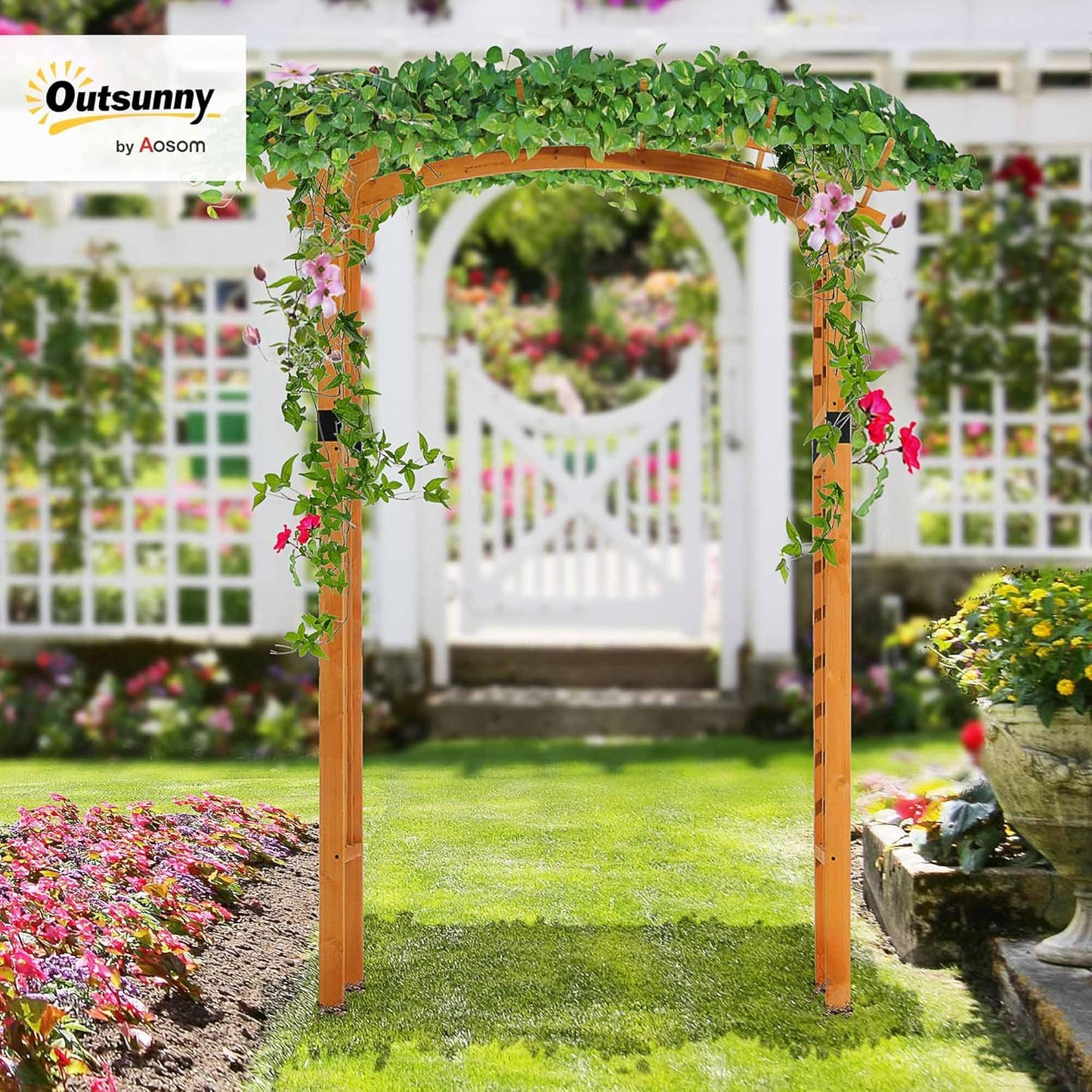 Outsunny 90in Wood Garden Arbor Arch with Trellis Wall for Climbing & Hanging Plants, Decor for Party, Weddings, Birthdays & Backyards