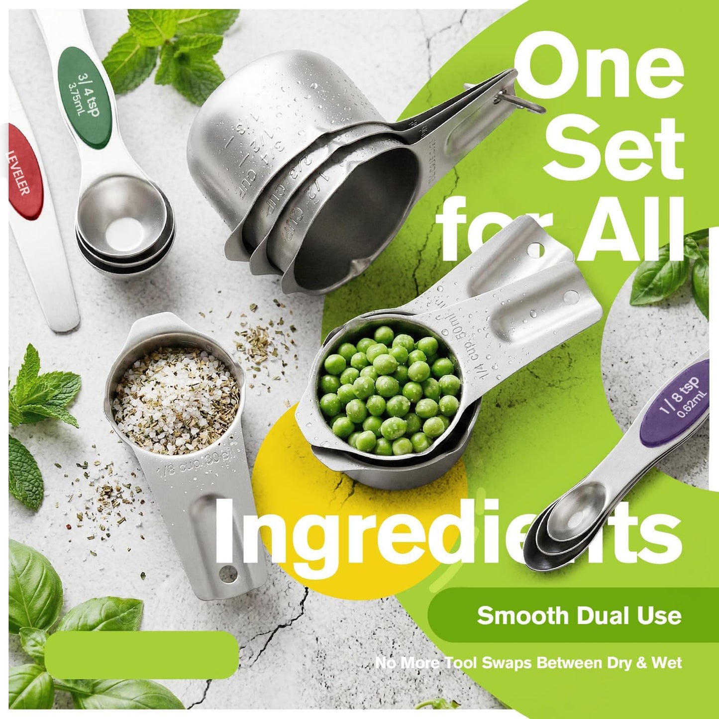 ChefAide Measuring Cups and Spoons Set, 304 Stainless Steel Measuring Cups Set of 7,8 Magnetic Stainless Steel Measuring Spoons & 1 Leveler for for Measure Dry and Liquid Ingredients