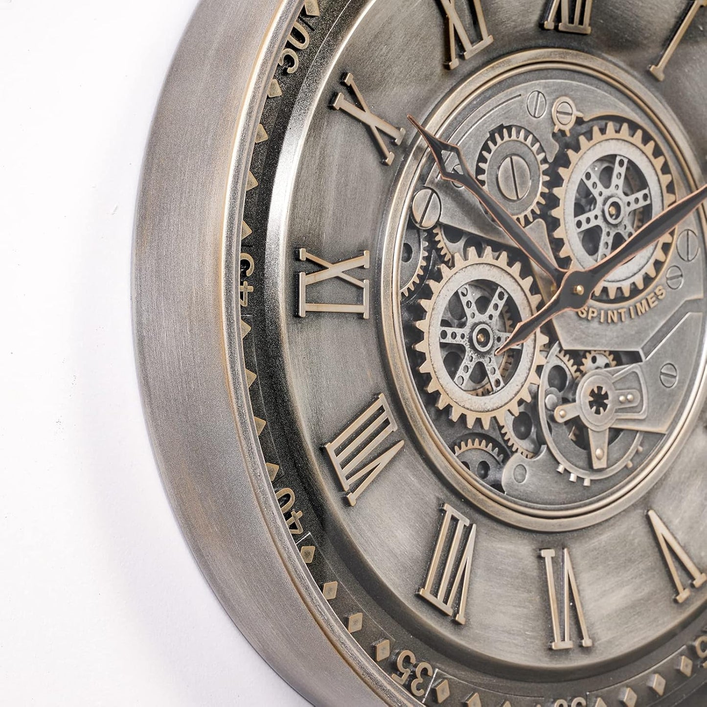 CLXEAST 24 Inch Large Moving Gear Wall Clock for Living Room Decor, Antique Silver Metal Roman Numerals Wall Clocks for Home Office