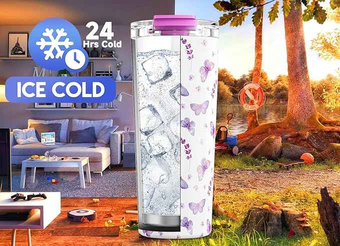 Meoky 24 oz Travel Coffee Mug with Leak-proof Lid, Stainless Steel Insulated Coffee Tumbler, Keeps Hot for 8 Hours or Cold for 24 Hours, Fits in Car Cup Holder (Lavender Butterfly)