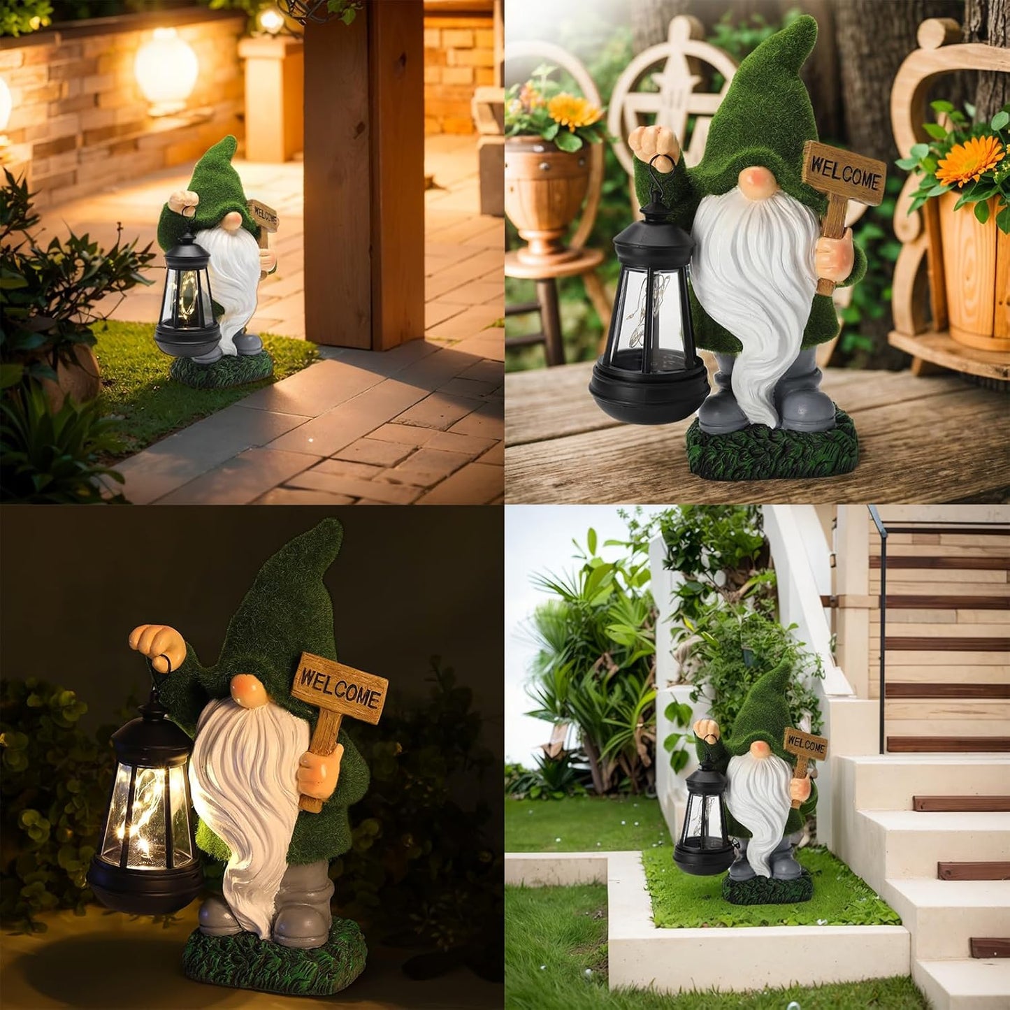 Garden Gnome Statue Solar Light Outdoor Decorations Figurine Welcome Sign with Lantern Sculpture Garden Decor Lawn Patio Yard Porch Outside Housewarming Gifts for Women Mother's Day Grandma