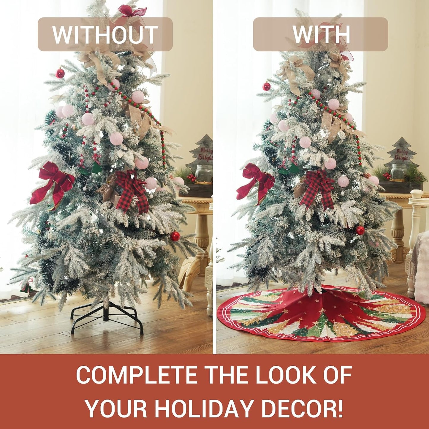 CROWNED BEAUTY Merry Christmas Tree Skirt 48 Inch, Red & Green | Premium soft fabric tree skirt. Features pine trees in red and green for a rustic farmhouse xmas holiday decor.