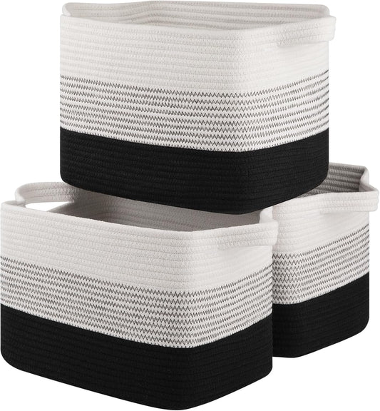 Storage Basket for Organizing, Woven Baskets for Storage, Rectangle Decorative Baskets for Shleves, Closet, Toys, Books, Nursery Organizer Bins - Pack of 3 (Gradient Black)
