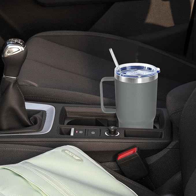 20 oz Tumbler with Handle, insulated cup coffee mug with lid, straw and handle, Double Wall Stainless Steel Vacuum Coffee Tumbler travel mug spill proof, 1pcs Grey