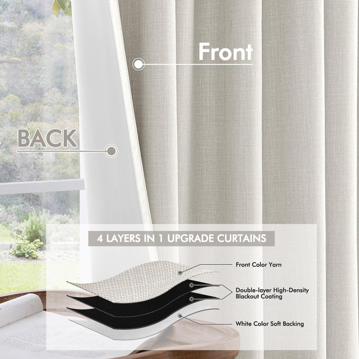 MIULEE 100% Blackout Curtains 102 Inch Long 2 Panels Set for Bedroom, Thick Faux Linen Black Out Curtain Room Darkening Back Tab Pleat Window Textured Drapes with Hooks for Living Room, Light Beige