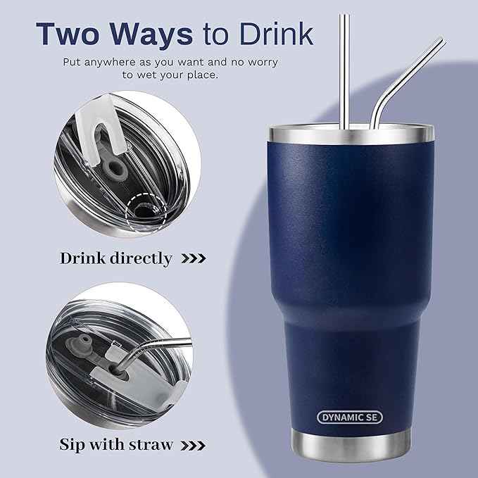 D·S 30 oz Navy Tumbler Stainless Steel Double Wall Vacuum Insulated Mug with Straw and Lid, Cleaning Brush for Cold and Hot Beverages