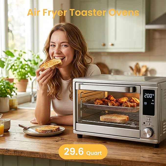 Simple Deluxe 29.6QT Air Fryer Toaster Oven Combo with Smart Probe, 12-in-1 Countertop Convection Oven, 450°F, Stainless Steel