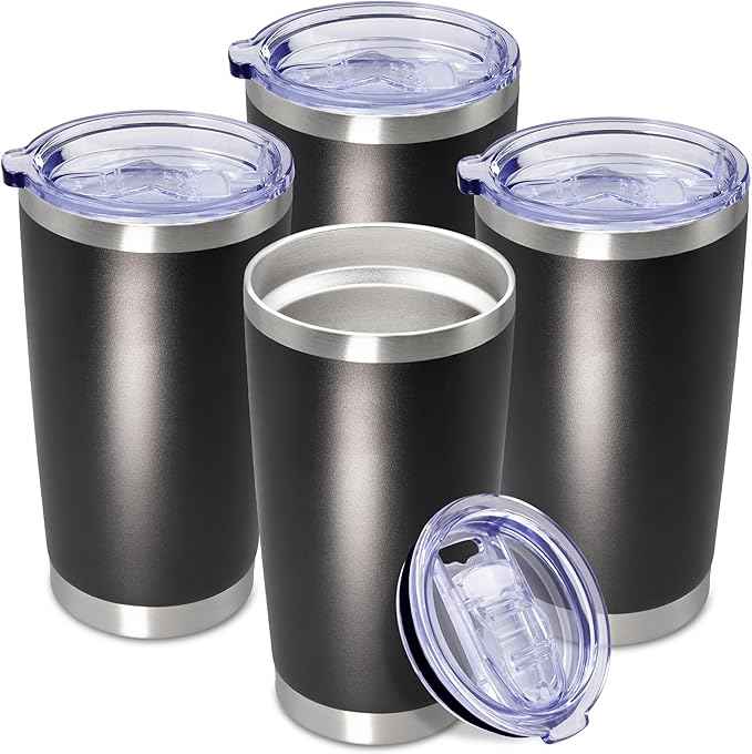 20 oz Tumbler Coffee Travel Tumblers Bulk with Lid Stainless Steel Double Wall Vacuum Insulated Mug Powder Coated Cups fit Car Cupholder for Hot and Cold - Black, 4Pack