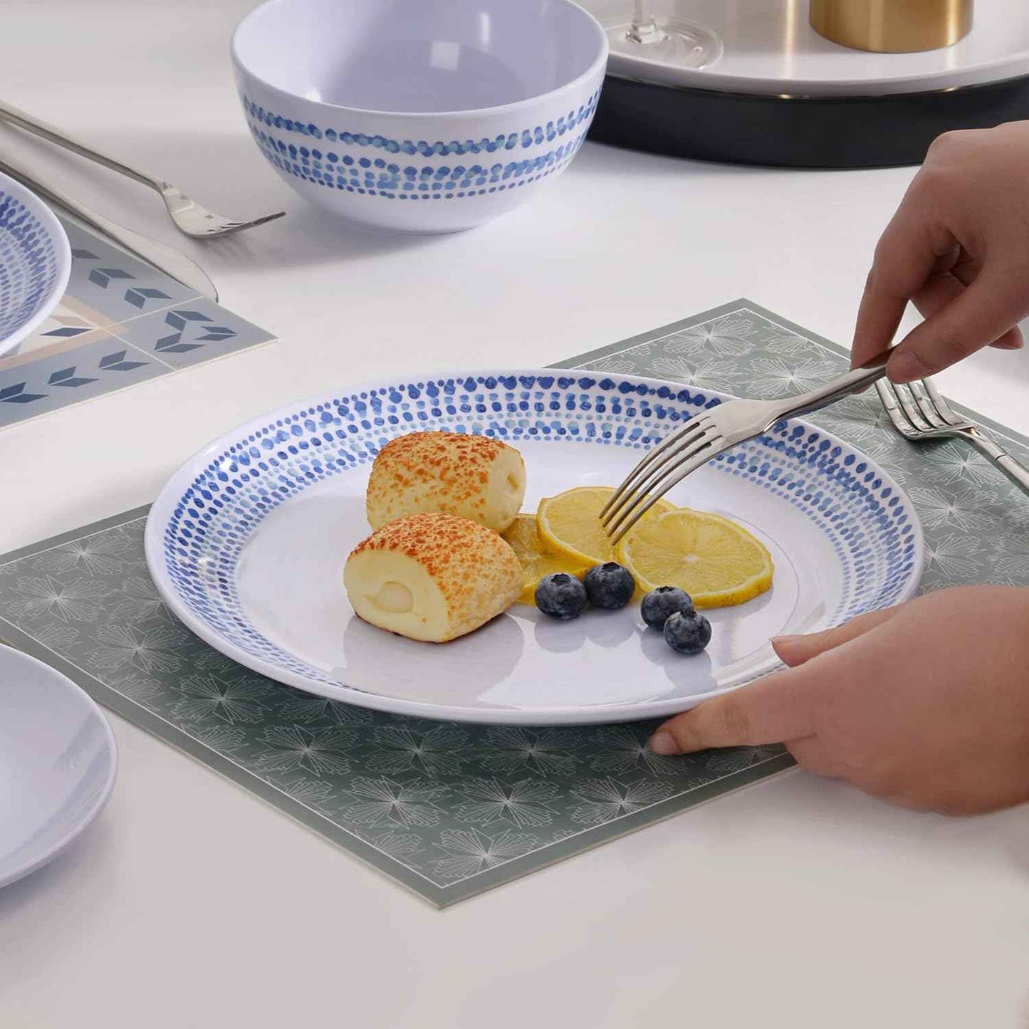 Melamine Dinnerware Sets, 12Pcs Plates and Bowls Sets Dinnerware Sets for 4, Unbreakable Dish Set for Indoor and Outdoor Use, Dishwasher Safe Raindrops Design