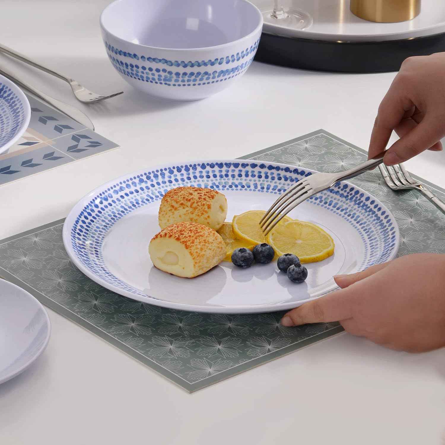 Melamine Dinnerware Sets, 12Pcs Plates and Bowls Sets Dinnerware Sets for 4, Unbreakable Dish Set for Indoor and Outdoor Use, Dishwasher Safe Raindrops Design
