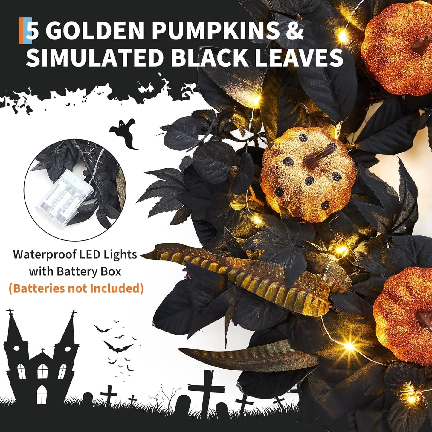 GarveeHome Halloween Wreath for Front Door, 18 Inch Fall Wreath with Pumpkins and Maple Leaves for Indoor Outdoor Wall Window Porch Patio Garden Farmhouse Home Party Prom Decoration