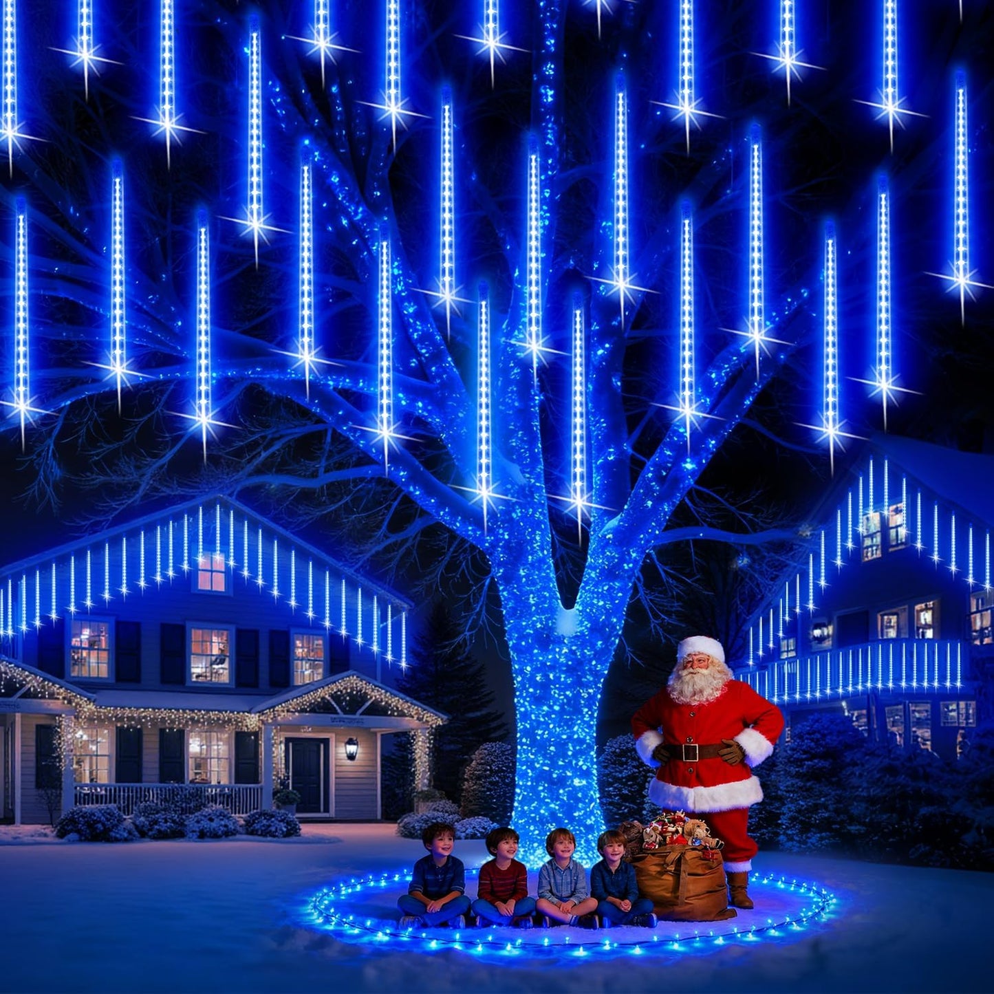 PEMOTech Christmas Lights Outdoor,16 Tubes 40cm 576 LED Meteor Shower Lights, Waterproof Christmas Decorations Icicle Lights for Xmas Tree Halloween Party, Outdoor Christmas Decorations,UL Plug,Blue