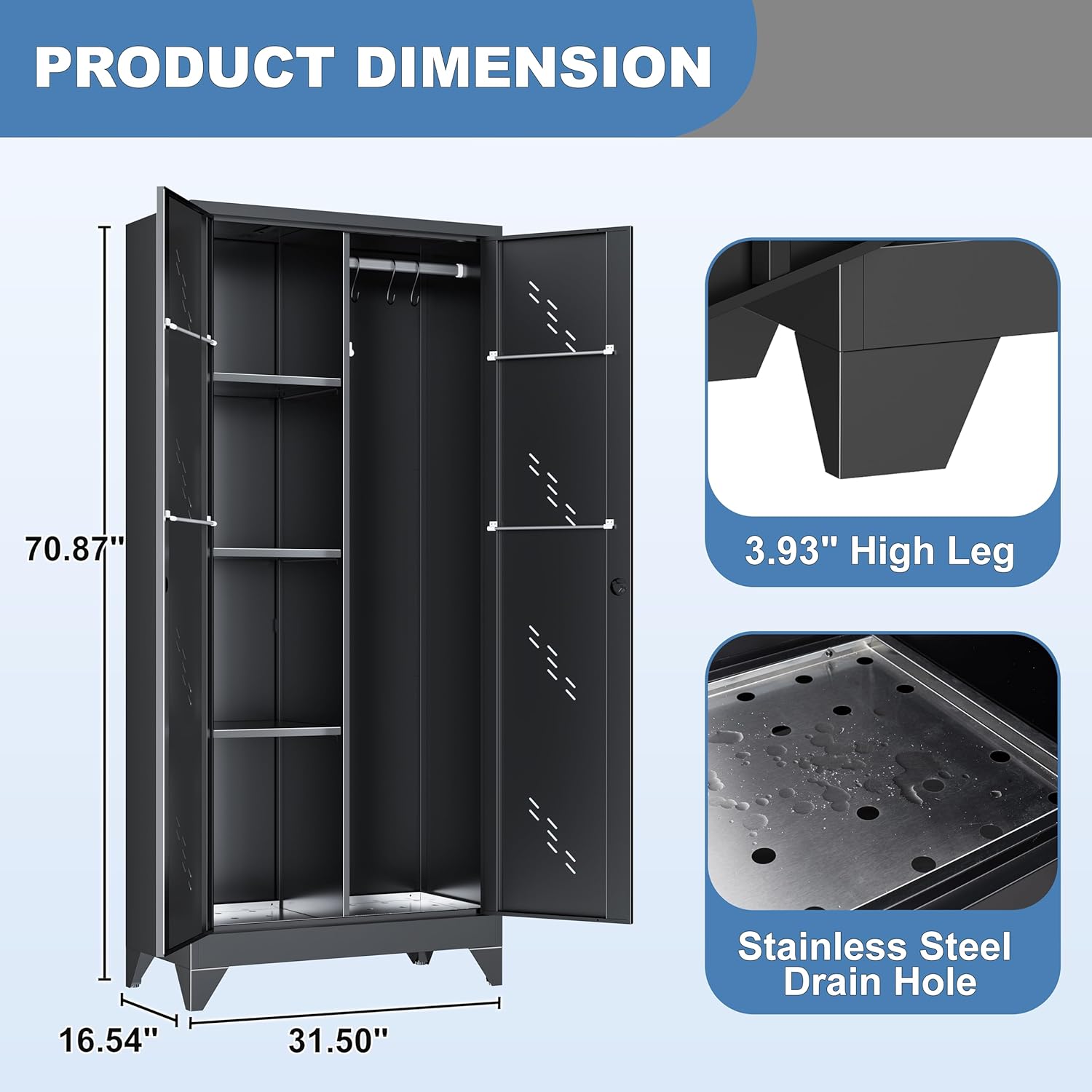 Metal Garage Storage Cabinet with Locking Doors, 71" Tall Broom Closet Storage Cabinet, Heavy Duty Garage Organization Cabinets, Steel Cabinet with Hanging Rod, Assembly Required - Lumora Casa