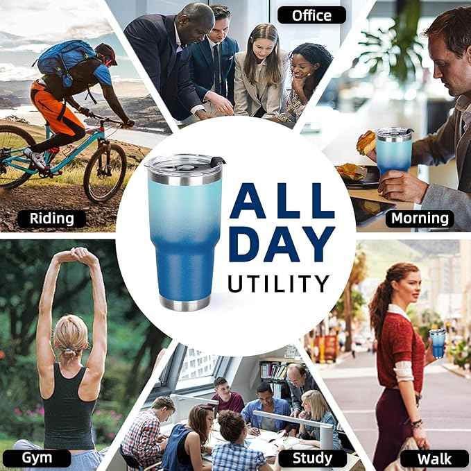30 oz Tumbler with Lids and Straws Double Wall Vacuum Insulated Tumbler Cup,Stainless Steel Leak-proof Thermal Tumbler Travel Coffee Mug for Cold and Hot Drinks,Gradient Blue