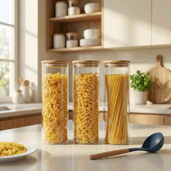 HomArtist Glass Jars with Bamboo Lids 79 FL OZ [Set of 3], Glass Canisters with Airtight Lids, Glass Food Storage Containers for Spaghetti, Fettuccine, Linguine,Pasta, Best for Kitchen & Pantry