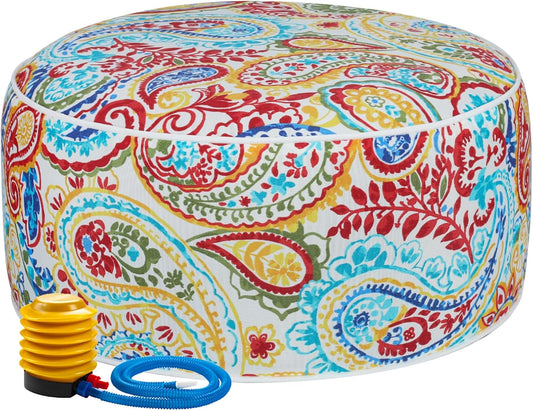 FUNHOME Inflatable Outdoor Ottoman with Air Pump,20"x9" Portable Patio Pouf,Water Resistant,Fade-Resistant,Round Blow Up Footrest Stools for Home Garden Camping Travel(Phoenix)