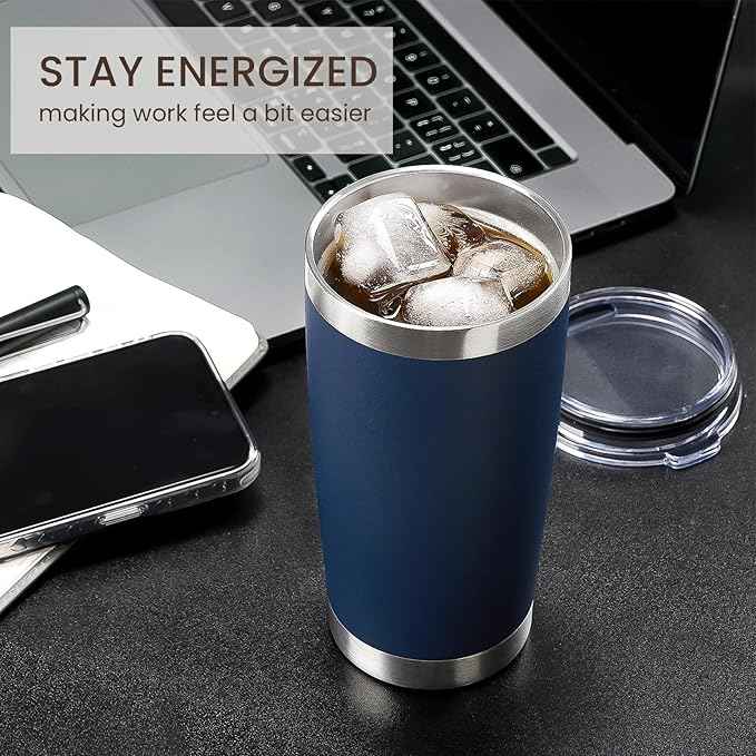 MEWAY 20oz Tumbler 8 Pack Double Wall Vacuum Insulated Travel Mug Bulk, Stainless Steel Tumblers with Lid and Straw, Durable Powder Coated Coffee Cups for Cold & Hot Drinks (Navy, 8)
