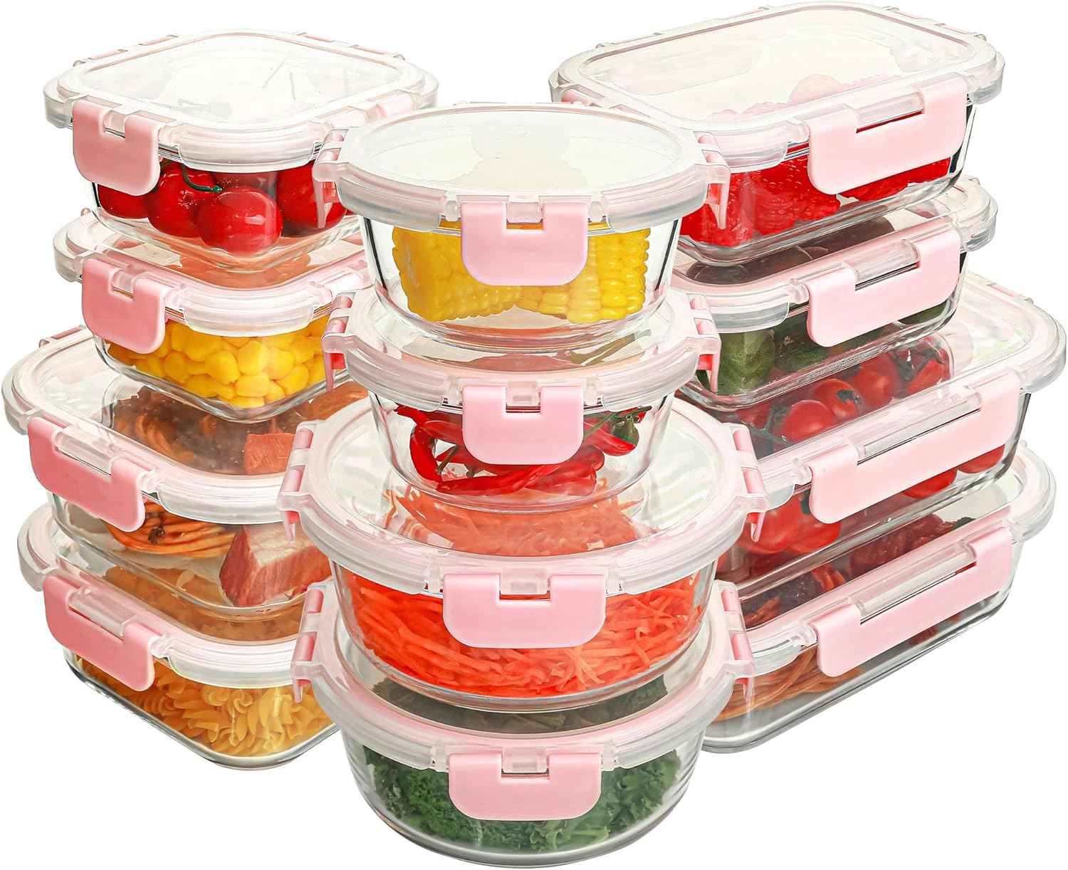 12 Pack Glass Food Storage Containers Set, Glass Meal Prep Containers with Lids, Airtight Lunch Containers, Dishwasher Safe, pink