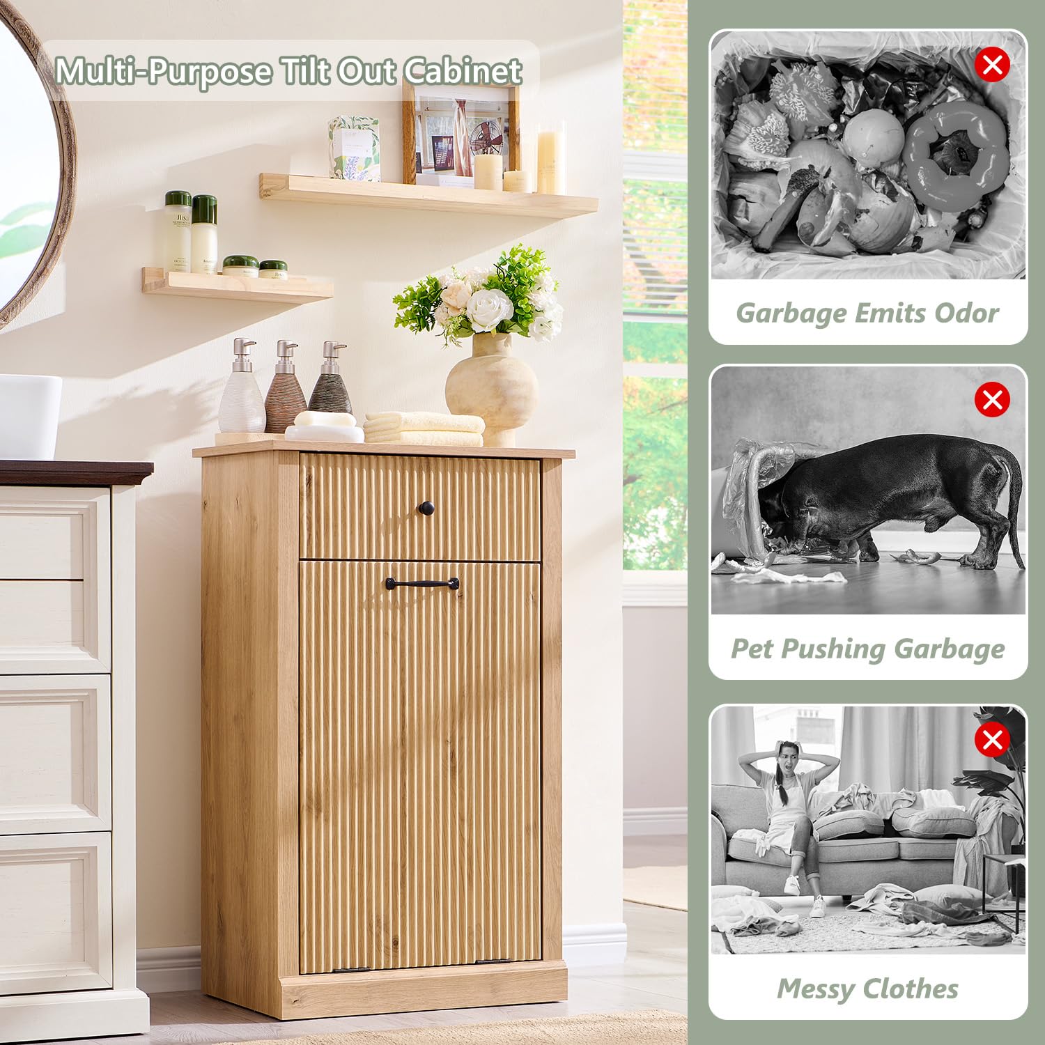 Modern Tilt-Out Trash Can Cabinet, 10 Gallon Fluted Laundry Hamper Cabinet with Drawers, Wooden Hidden Garbage Can Cabinet w/Storage Basket, Free Standing for Kitchen & Living Room,Natural Oak - Lumora Casa