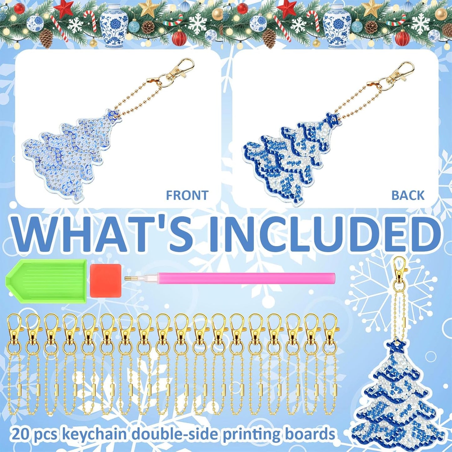 Tondiamo 20 Pcs Christmas Diamond Painting Keychain Kits 5D DIY Diamond Art Pendants Double Sided Hanging Key Chains for Christmas Party Decoration DIY(Blue and White Porcelain)