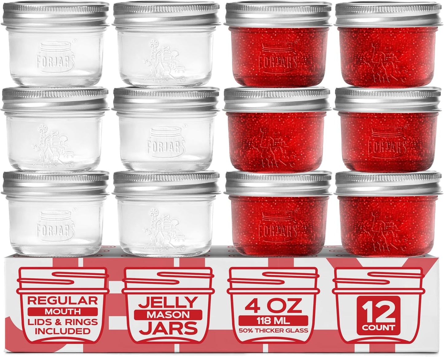 FORJARS® Premium Mason Jars with Lids – 4oz | Regular Mouth Canning Jars | 12-Pack Glass Jars for Jam, Jelly, Honey, Spices, Desserts, Sauces, Food Storage, Freezer Safe, Airtight Bulk Set