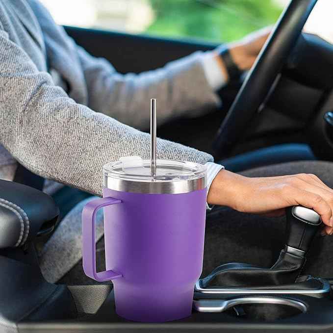 30 oz Tumbler With Handle, Double Wall Stainless Steel Vacuum Insulated Travel Mug with Splash-Proof Lid Metal Straw and Brush (Purple)