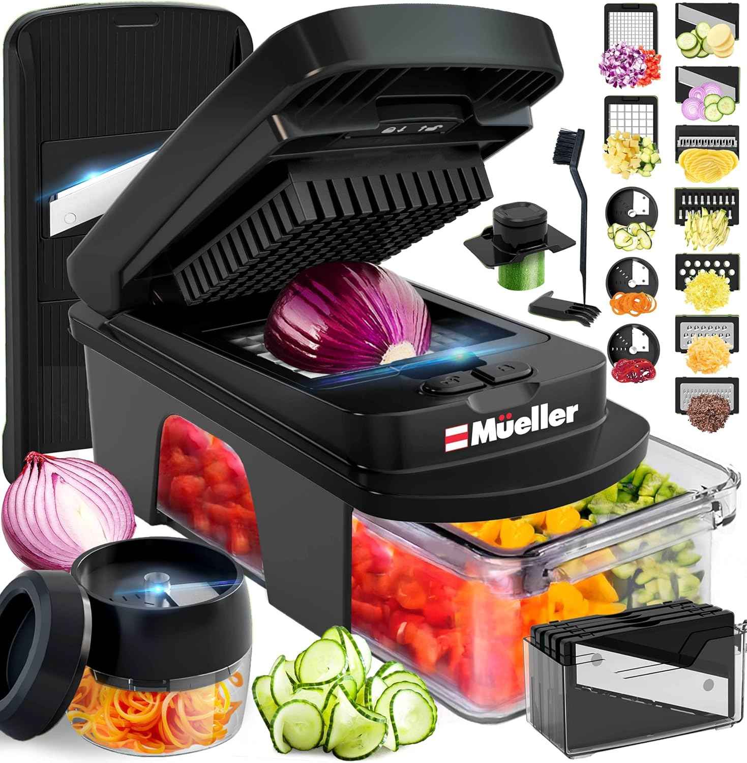 Mueller ULTIMATE 12 Blade Vegetable Chopper, Mandoline Slicer and Spiralizer, Dicer, Grater, Kitchen Essentials & Accessories, Black