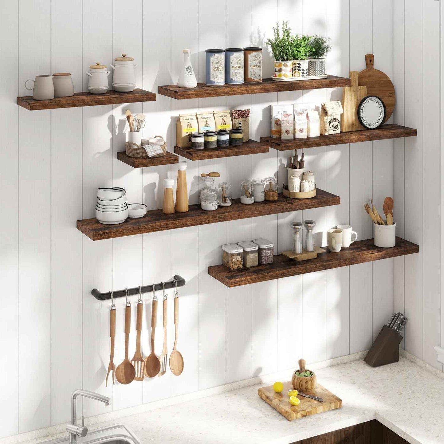 36 Inch Floating Shelves for Wall Set of 2, 8"D Wood Grain Bathroom Shelves with Invisible Brackets, Easy Install Engineered Wood Storage Shelves for Kitchen, Living Room, Bedroom, Rustic Brown Finish