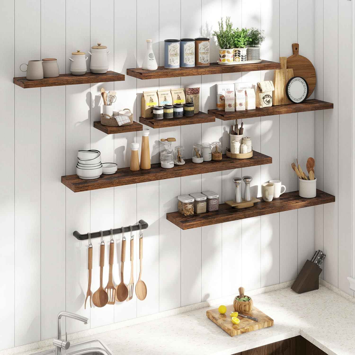 36 Inch Floating Shelves for Wall Set of 2, 8"D Wood Grain Bathroom Shelves with Invisible Brackets, Easy Install Engineered Wood Storage Shelves for Kitchen, Living Room, Bedroom, Rustic Brown Finish