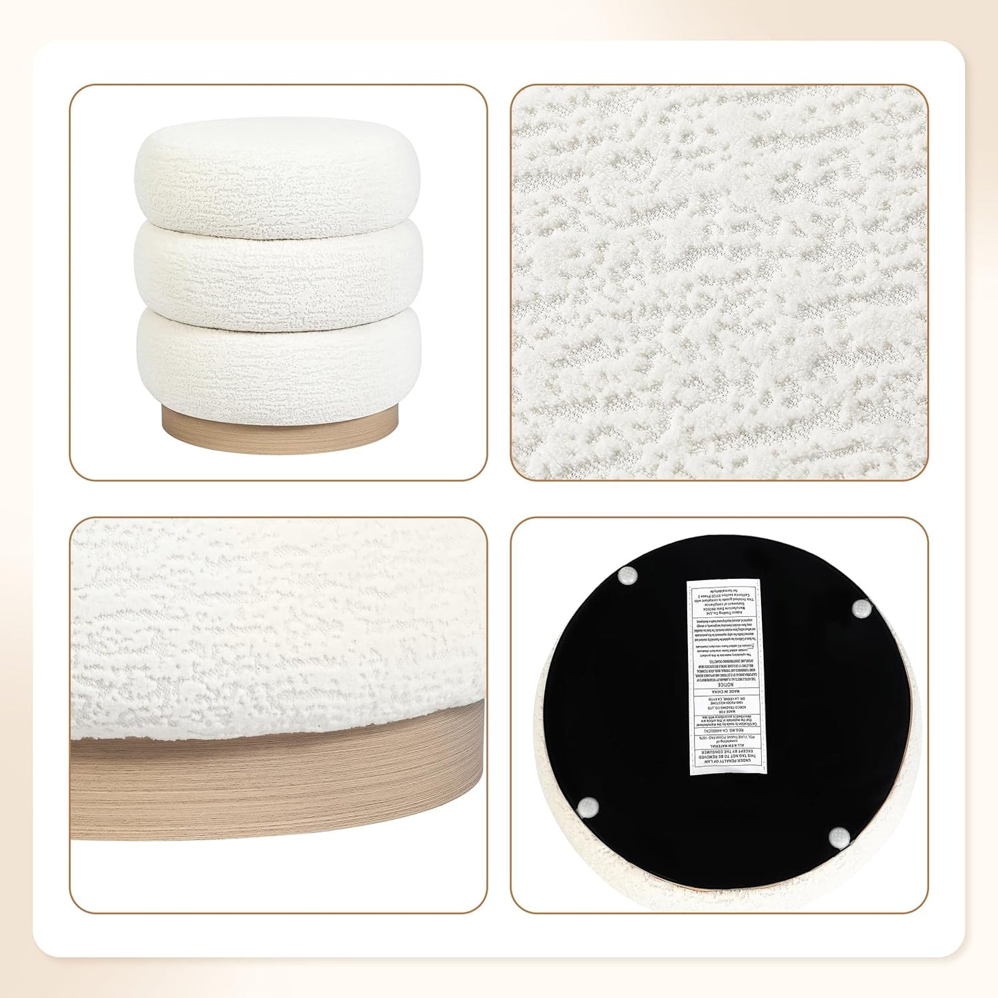 Velvet Round Pouf Ottoman, 16.5" Modern Upholstered Footrest Stool for Living Room & Bedroom Vanity, White