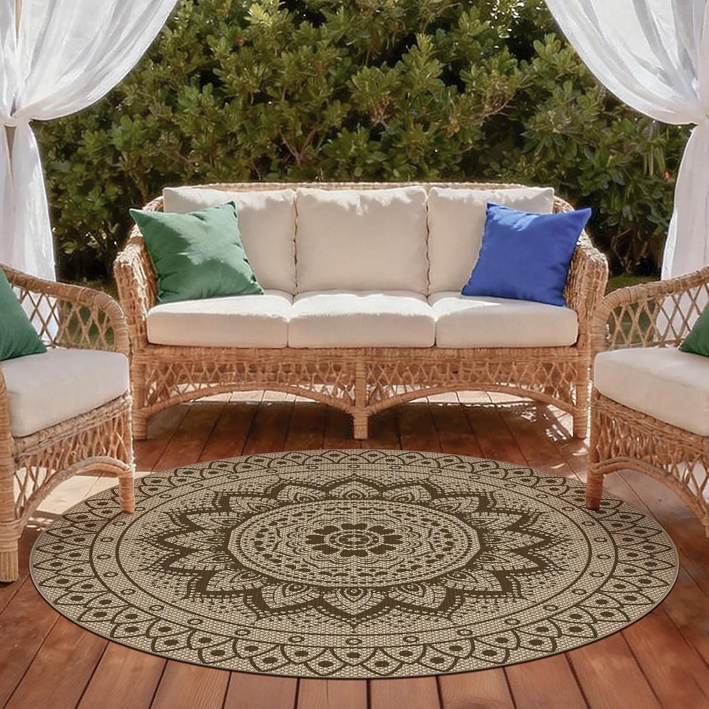 Easy Jute Outdoor Round Rug, 5ft Washable Indoor Outdoor Patio Rug, Brown Non Slip Round Area Rug Farmhouse, Boho Carpet for Backyard Patio