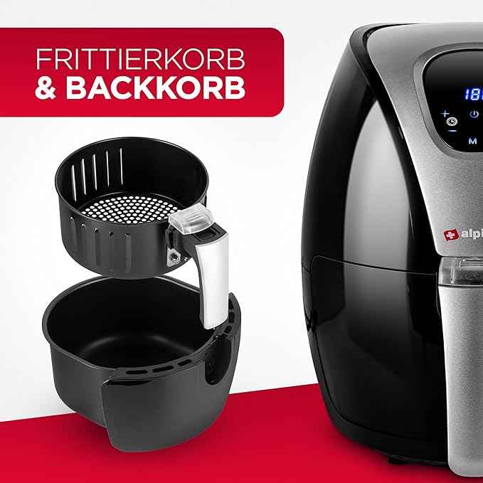 alpina Hot air fryer, fryer, roasting, frying, grilling, roasting and frying, up to 80% less fat, 2-4 people, 2.4 liters, black