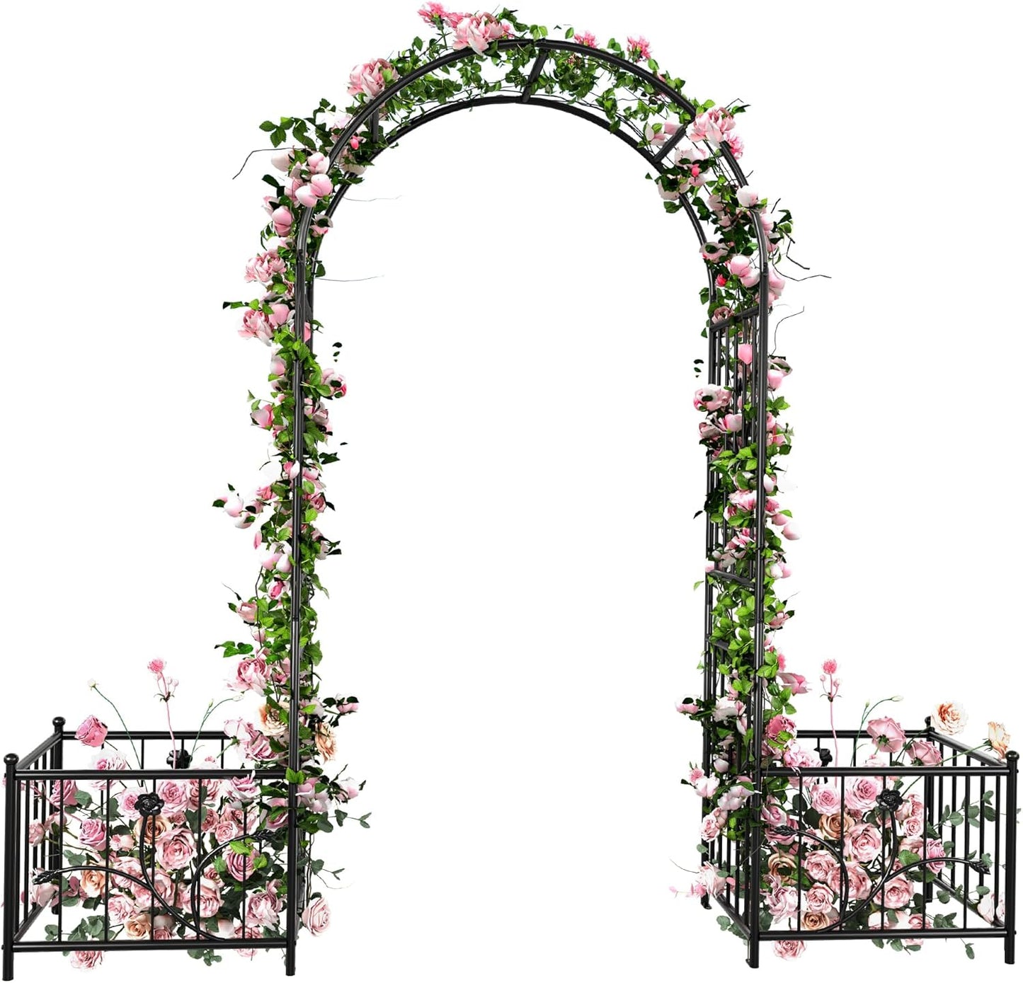 Garden Arbor with Planter Boxes 76" W x 86" H, Wedding Arches for Ceremony, Black Metal Garden Archway for Climbing Plants Outdoor Lawn, Patio and Backyard