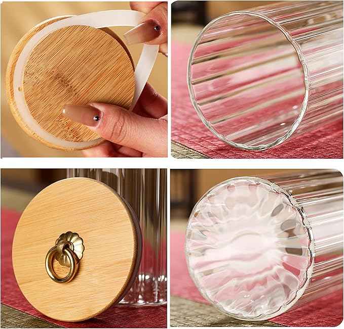 FANTESTICRYAN Glass Storage Jars Set of 5, Decorative Coffee Bar Container with Airtight Bamboo Lid Metal Ring for Home Kitchen Storing Candy, Cookie, Pasta, Nuts, Oatmeal and Bathroom Salt