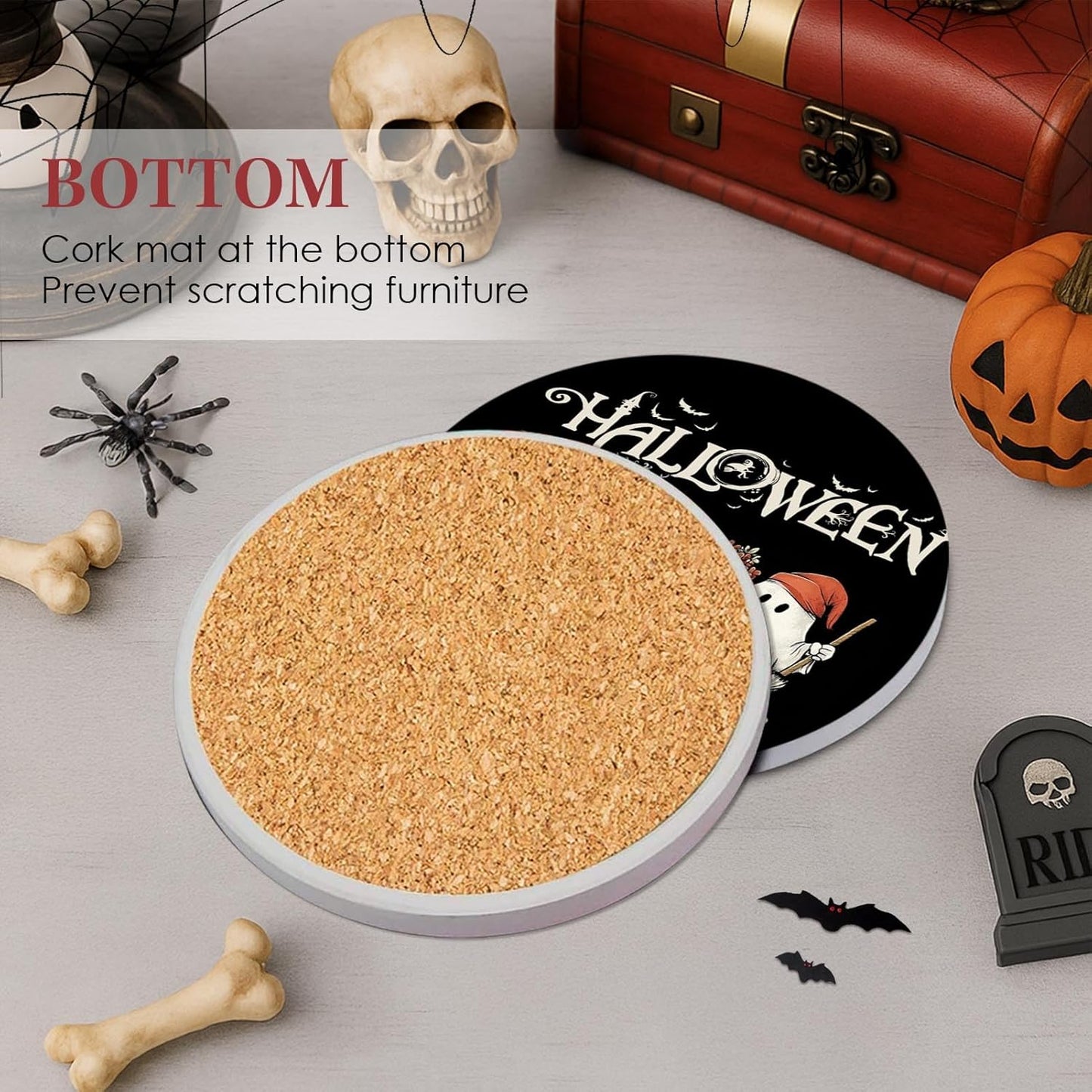 Coaster for Drinks Set of 6, Halloween Black and White Ghost Pumpkins Absorbent Round Ceramic Stone Mat, with Cork Base and Metal Holder, Gift for Housewarming Room Bar Decor