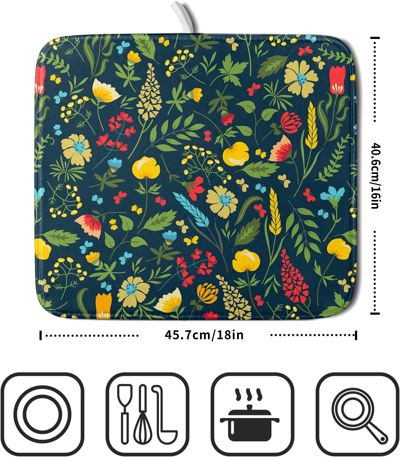 Floral Dish Drying Mat for Kitchen Counter Cute FLowers Seasonal Absorbent Reversible Microfiber Kitchen Countertop Protector Dishes Pad Small 16x18 inch