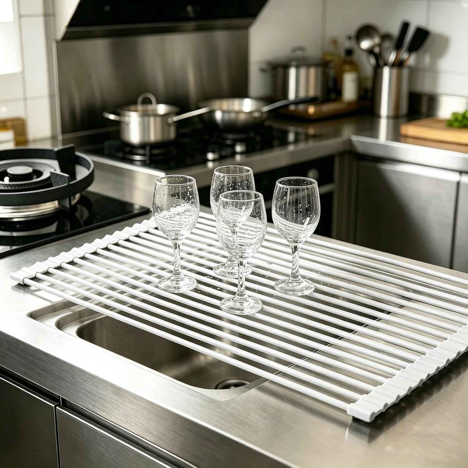 Ahyuan Large Roll up Dish Drying Rack Silicone Foldable Rack Over Sink Dishes Drainer Roll-up Sink Drying Racks Full Silicone Coated Stainless Still Dish Drying Rack (Warm Grey, 17.7''X13.13'')